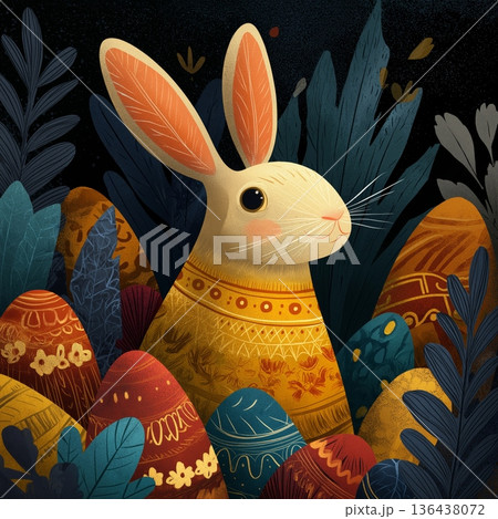 Easter bunny with folk art patterned eggs in nature. Easter poster. Happy rabbit and decorated Easter eggs among stylized plants, celebrating spring 136438072