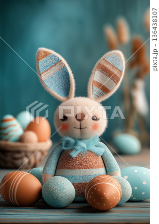 Easter holiday composition with cute bunny toy and painted eggs. Easter wallpaper. Cute knitted bunny toy sitting with colorful patterned Easter eggs on a rustic wooden table Easter holiday composition with cute bunny toy and painted eggs. Easter wallpaper. Cute knitted bunny toy sitting with colorful patterned Easter eggs on a rustic wooden table 136438107