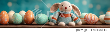 Easter holiday composition with cute bunny toy and painted eggs. Easter wallpaper. Cute knitted bunny toy sitting with colorful patterned Easter eggs on a rustic wooden table Easter holiday composition with cute bunny toy and painted eggs. Easter wallpaper. Cute knitted bunny toy sitting with colorful patterned Easter eggs on a rustic wooden table 136438110