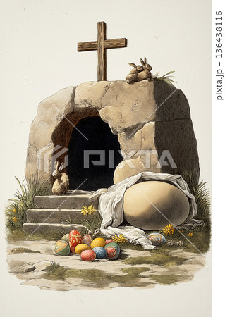 Empty tomb with cross and easter bunnies celebrating resurrection. Easter greeting card. Empty cave, stone rolled away, with cross, bunnies and colorful Easter eggs 136438116