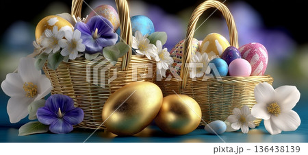 Festive golden Easter baskets displaying colorful eggs and blooms background. Baskets filled with spring flowers and golden eggs symbolizing Easter celebration 136438139