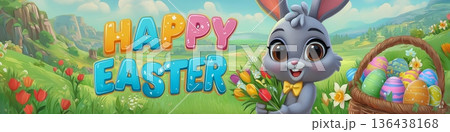 Happy Easter text with smiling bunny holding colorful eggs and tulips. Easter banner. Cute rabbit holding a basket of decorated Easter eggs and spring flowers in blooming landscape Happy Easter text with smiling bunny holding colorful eggs and tulips. Easter banner. Cute rabbit holding a basket of decorated Easter eggs and spring flowers in blooming landscape 136438168