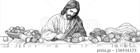 Jesus painting colorful Easter eggs for Easter holiday. Easter wallpaper. Jesus Christ decorating vibrant Easter eggs on a table with brushes and paint 136438173