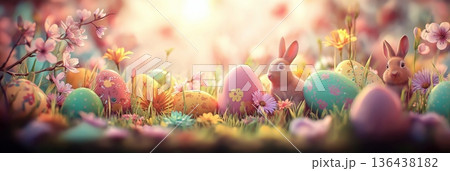 Little bunnies finding colorful Easter eggs in spring garden. Cute bunnies celebrating Easter surrounded by decorated eggs and blooming cherry blossoms 136438182