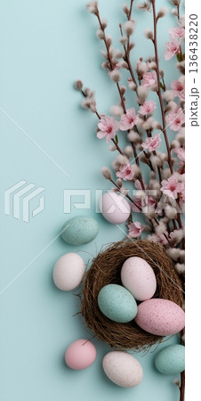 Pastel Easter eggs in a bird's nest with spring branches on a light blue background. Easter banner. Easter eggs resting in nest on blue background with copy space Pastel Easter eggs in a bird's nest with spring branches on a light blue background. Easter banner. Easter eggs resting in nest on blue background with copy space 136438220
