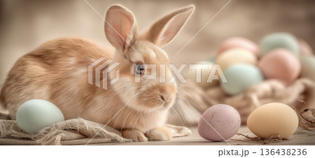 Rabbit resting among Easter eggs and detox products banner. Rabbit observing pastel Easter eggs and natural wellness bottles with a spa towel 136438236