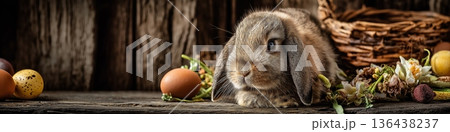 Rabbit resting among Easter eggs and detox...のイラスト素材 [136438237] - PIXTA