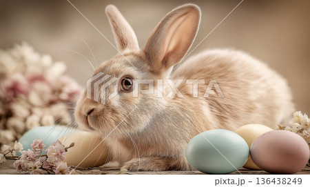 Rabbit resting among Easter eggs and detox...のイラスト素材 [136438249] - PIXTA