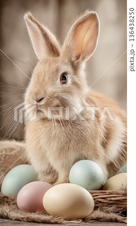 Rabbit resting among Easter eggs and detox...のイラスト素材 [136438250] - PIXTA