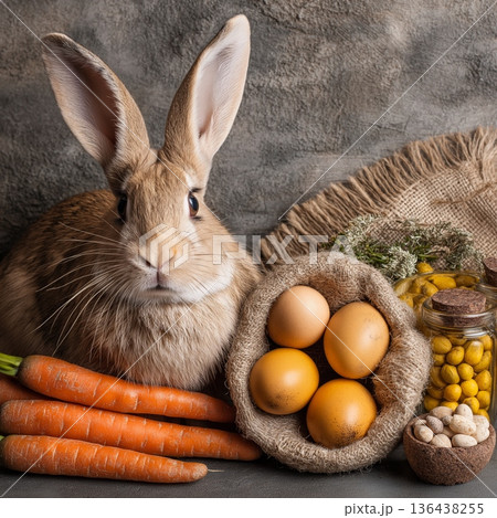 Rabbit resting among Easter eggs and detox products banner. Rabbit observing pastel Easter eggs and natural wellness bottles with a spa towel 136438255