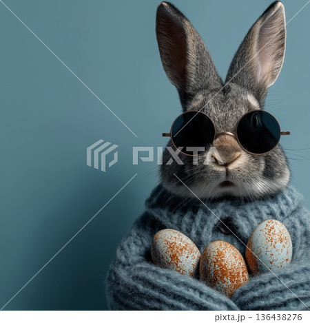 Stylish rabbit wearing sunglasses holding speckled Easter eggs. Easter wallpaper. Stylish rabbit wearing sunglasses holding speckled eggs, celebrating Easter on blue background Stylish rabbit wearing sunglasses holding speckled Easter eggs. Easter wallpaper. Stylish rabbit wearing sunglasses holding speckled eggs, celebrating Easter on blue background 136438276
