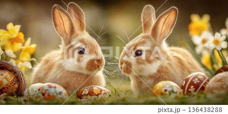 Two cute bunnies holding decorated Easter eggs. Bunnies holding colorful pysanky eggs in spring grass, celebrating Easter holiday Two cute bunnies holding decorated Easter eggs. Bunnies holding colorful pysanky eggs in spring grass, celebrating Easter holiday 136438288