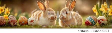 Two cute bunnies holding decorated Easter eggs. Bunnies holding colorful pysanky eggs in spring grass, celebrating Easter holiday 136438291