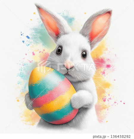 White rabbit holding colorful Easter egg, watercolor splash background. White rabbit holding a brightly striped Easter egg against a vibrant watercolor splash background White rabbit holding colorful Easter egg, watercolor splash background. White rabbit holding a brightly striped Easter egg against a vibrant watercolor splash background 136438292