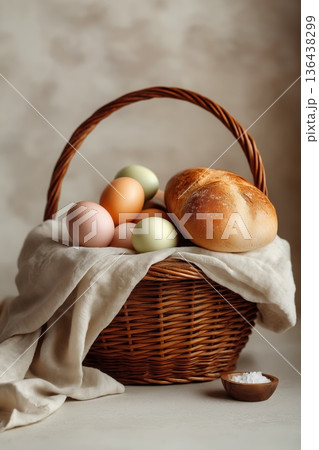 Wicker basket holding Easter food, colored eggs, bread, and salt. Easter wallpaper. Wicker basket holding pastel colored Easter eggs, bread, and salt on a simple background Wicker basket holding Easter food, colored eggs, bread, and salt. Easter wallpaper. Wicker basket holding pastel colored Easter eggs, bread, and salt on a simple background 136438299