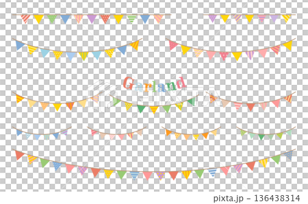 カラフルな三角旗のガーランド　バリエーション素材セット （直線・曲線・ロング・ショート） 136438314