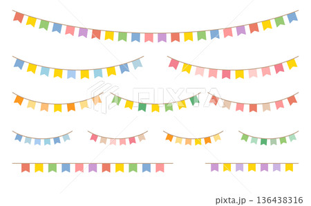 カラフルなV字カットリボンのガーランド　バリエーション素材セット （直線・曲線・ロング・ショート） 136438316