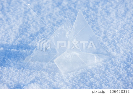 Top view of sharp ice fragments rising from powdery snow Top view of sharp ice fragments rising from powdery snow 136438352