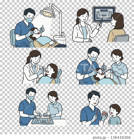 一組牙科診所檢查和治療場景的插圖 136438366