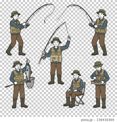 一組戶外運動插畫，描繪了男人們享受釣魚的場景。 136438369