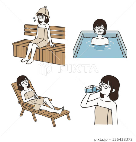 サウナと温浴施設で整う女性のイラストセット 136438372