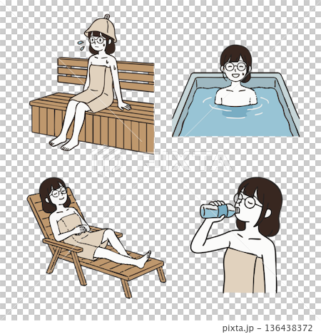サウナと温浴施設で整う女性のイラストセット 136438372