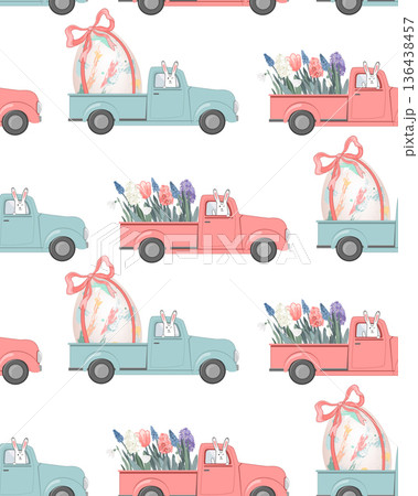 Pink and blue vintage pickup truck with first flowers, Easter eggs, and happy bunny driver. Seamless Baby Gender Reveal Pattern. Spring Background. Vector illustration Pink and blue vintage pickup truck with first flowers, Easter eggs, and happy bunny driver. Seamless Baby Gender Reveal Pattern. Spring Background. Vector illustration 136438457
