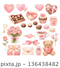 ピンクのハートとローズのバレンタインイラストセット 136438482