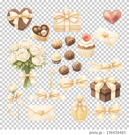 米色情人節禮物和玫瑰水彩套裝 136438483