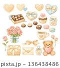 水彩タッチのハートとギフトのバレンタイン素材セット（パステルカラー） 136438486