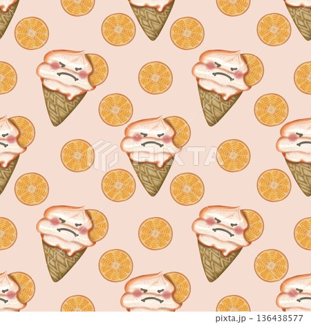 Seamless pattern of fruit Ice Cream cartoon waffle cones. Hand drawn watercolor illustration. For menus, labels, paper, textiles and seasonal fabric. Seamless pattern of fruit Ice Cream cartoon waffle cones. Hand drawn watercolor illustration. For menus, labels, paper, textiles and seasonal fabric. 136438577