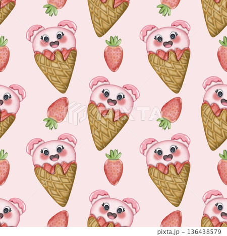 Seamless pattern of fruit Ice Cream cartoon waffle cones. Hand drawn watercolor illustration. For menus, labels, paper, textiles and seasonal fabric. Seamless pattern of fruit Ice Cream cartoon waffle cones. Hand drawn watercolor illustration. For menus, labels, paper, textiles and seasonal fabric. 136438579