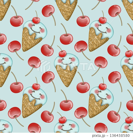 Seamless pattern of fruit Ice Cream cartoon waffle cones. Hand drawn watercolor illustration. For menus, labels, paper, textiles and seasonal fabric. 136438580