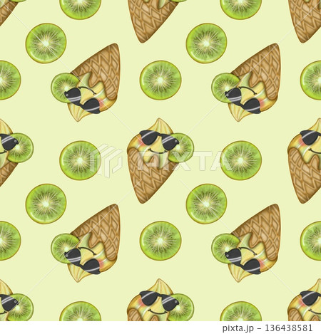 Seamless pattern of fruit Ice Cream cartoon waffle cones. Hand drawn watercolor illustration. For menus, labels, paper, textiles and seasonal fabric. Seamless pattern of fruit Ice Cream cartoon waffle cones. Hand drawn watercolor illustration. For menus, labels, paper, textiles and seasonal fabric. 136438581