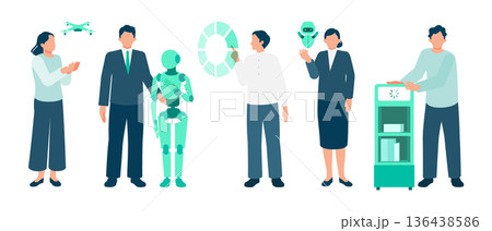 様々なAIアシスタントと働くオフィスワーカーのイラスト 多様なAIが共存する未来の職場イメージ 136438586