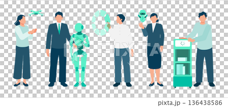 様々なAIアシスタントと働くオフィスワーカーのイラスト 多様なAIが共存する未来の職場イメージ 136438586