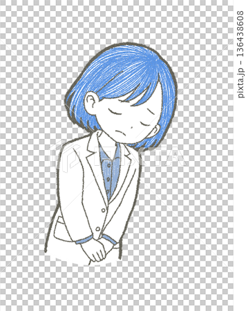 頭を下げる白衣姿の医療関係者の女性の手書きイラスト素材 136438608