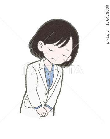 頭を下げる白衣姿の医療関係者の女性の手書きイラスト素材 136438609