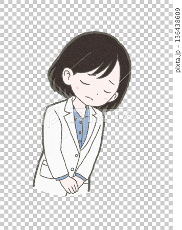 頭を下げる白衣姿の医療関係者の女性の手書きイラスト素材 136438609