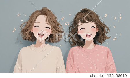笑顔で音楽を楽しむ女性二人の上半身イラスト 136438610