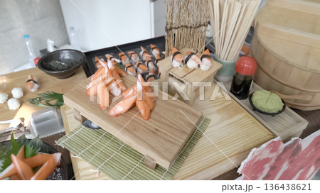 Crab stick sashimi, Japanese food on wood plate. Sliced Japanese food crab stick sashimi display for photo shooting. Crab stick sashimi, Japanese food on wood plate. Sliced Japanese food crab stick sashimi display for photo shooting. 136438621