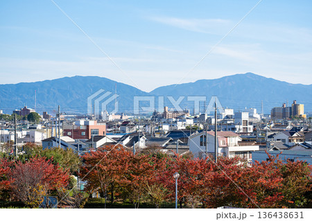 【大阪・松原市】今池水みらいセンターから望む金剛山・葛城山の山並みとAMラジオ送信所（秋・紅葉） 136438631