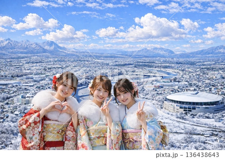 前橋県庁より日本トーターグリーンドーム前橋方面を望む　雪景色 136438643