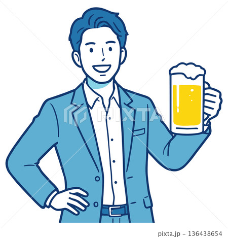 ビールジョッキで乾杯するスーツ男性 上半身の人物素材イラスト 136438654