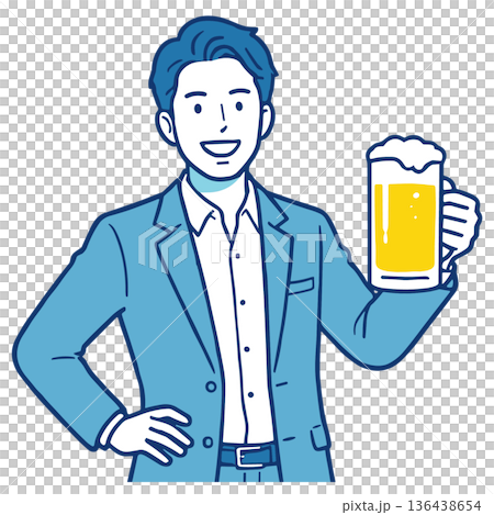 ビールジョッキで乾杯するスーツ男性 上半身の人物素材イラスト 136438654
