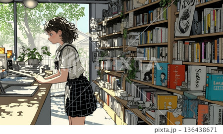 書店で本を選ぶ女子高生