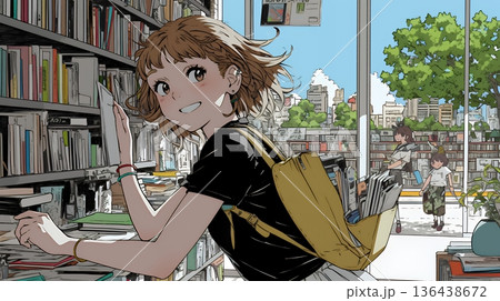 書店で本を選ぶ女子高生