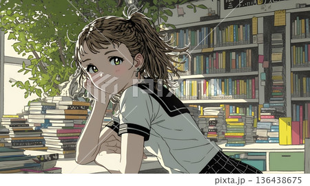 書店で本を選ぶ女子高生