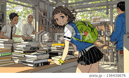 書店で本を選ぶ女子高生