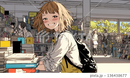 書店で本を選ぶ女子高生